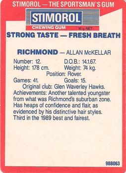 1990 AFL Scanlens Stimorol #166 Allan McKellar Back